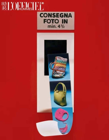 Fashion photography of three handbags on a blue and white striped sheet against a red background for L'Officiel Hommes magazine.