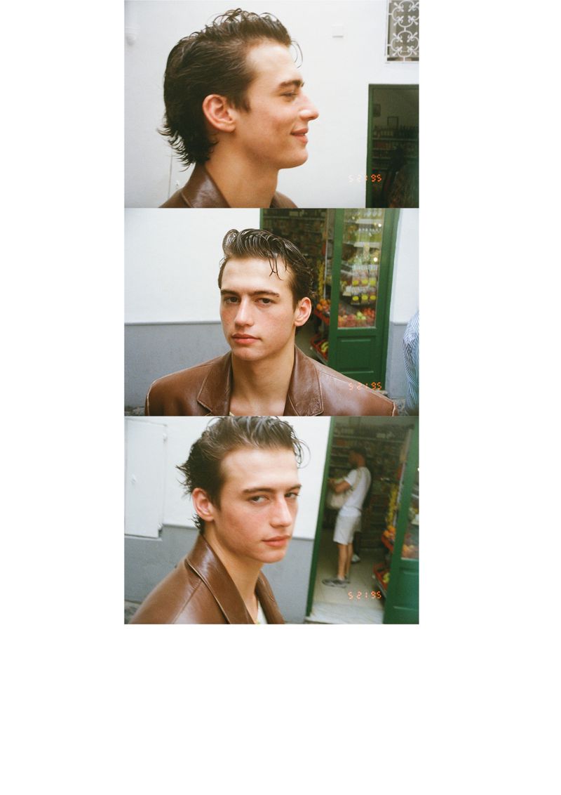 Portrait of a young adult male featuring three close-up shots, set against a brightly lit urban background with a neutral color palette.