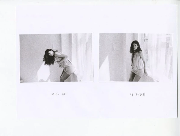 Contact sheet featuring two black-and-white photos of Kylie Jenner posing in a light sleeveless mini dress near a window.