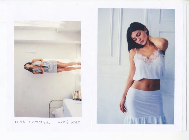 Kylie Jenner wearing white and pale blue loungewear in a two-panel fashion campaign spread for Khy Summer 2026.
