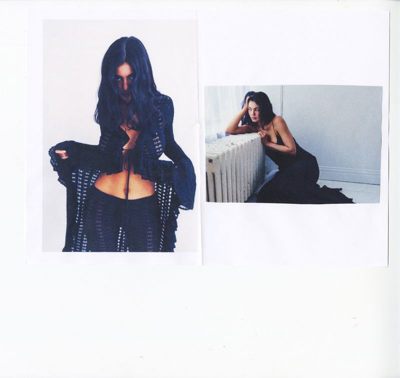 Collage of two fashion photographs featuring Kylie Jenner wearing black crochet knitwear and a black slip dress.