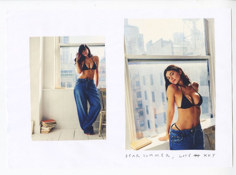 Kylie Jenner in a black bikini top and baggy blue jeans near a window for Khy Summer 2026