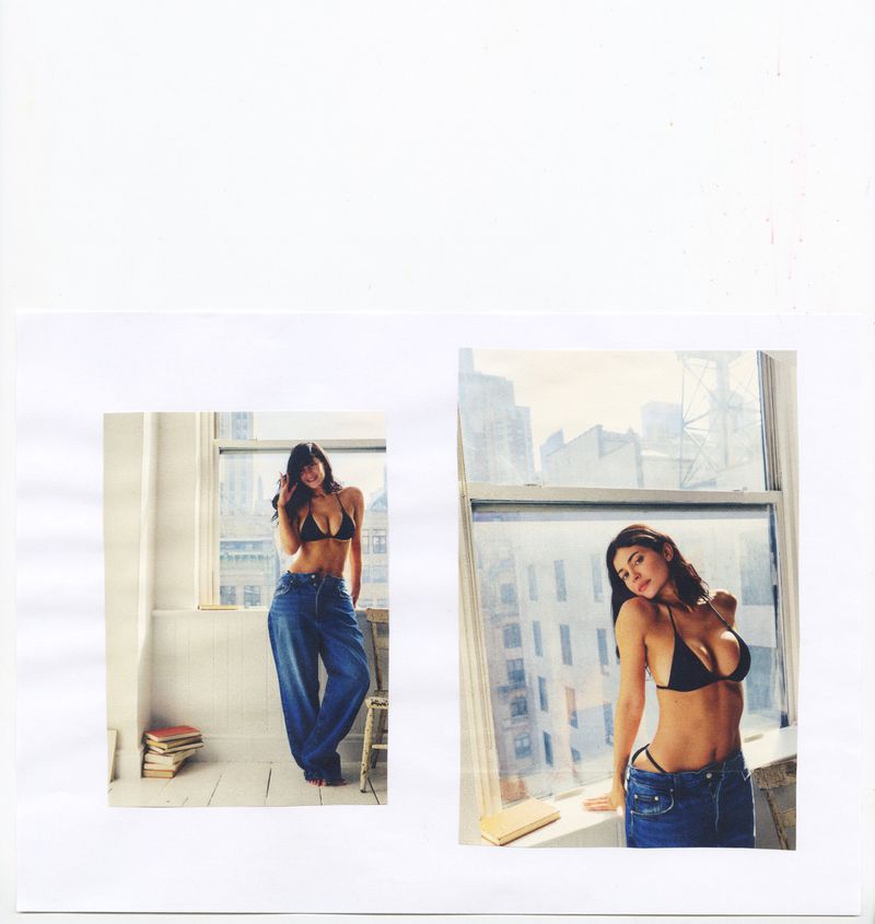 Kylie Jenner wearing a black triangle bikini top and oversized baggy blue jeans by a window in two side-by-side editorial photographs.
