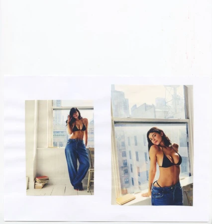 Kylie Jenner wearing a black triangle bikini top and oversized baggy blue jeans by a window in two side-by-side editorial photographs.