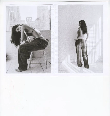 Kylie Jenner posing in dark denim jeans and a bra top in a black and white diptych photograph by Pablo Di Prima.