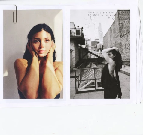 Two side-by-side photos of Kylie Jenner featuring a warm close-up portrait and a black-and-white rooftop shot with handwritten notes.