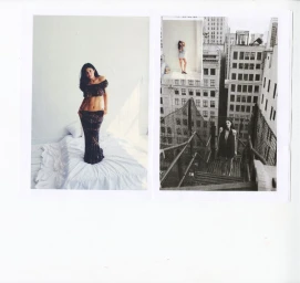 Kylie Jenner poses on a white bed in a dark two-piece set alongside an image of her on an urban rooftop fire escape.