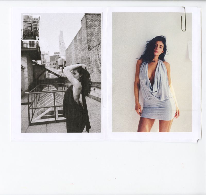 Kylie Jenner posing in a light blue halter cowl-neck mini dress alongside black-and-white print images clipped on a white layout.