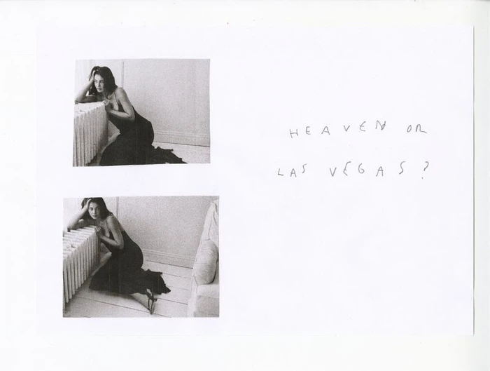Black and white editorial layout featuring two photos of Kylie Jenner in a dark gown kneeling by a radiator with handwritten text.