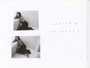 Black and white editorial layout featuring two photos of Kylie Jenner in a dark gown kneeling by a radiator with handwritten text.