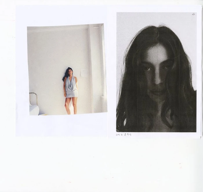Diptych editorial sheet featuring Kylie Jenner in a draped mini dress alongside a black and white close-up portrait.