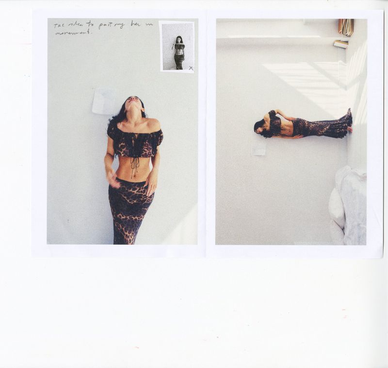 Kylie Jenner wearing a leopard-print off-shoulder crop top and matching skirt in a fashion moodboard layout.
