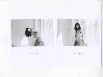 Contact sheet featuring two black-and-white photos of Kylie Jenner posing in a light sleeveless mini dress near a window.