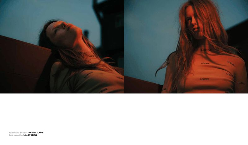 Diptych fashion portrait of a female model outdoors at dusk with warm directional lighting against a twilight sky.