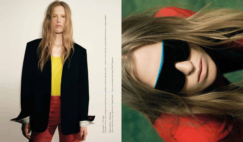 Model Leanne De Haan in a black blazer, yellow top, and red trousers beside a close-up wearing black shield sunglasses.