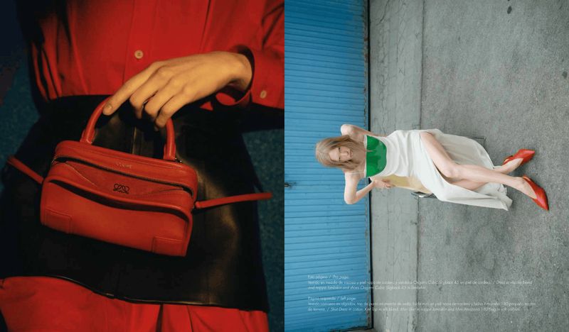 Editorial diptych showing a close-up of a red leather handbag and a model lying down in a white and green dress with red heels.