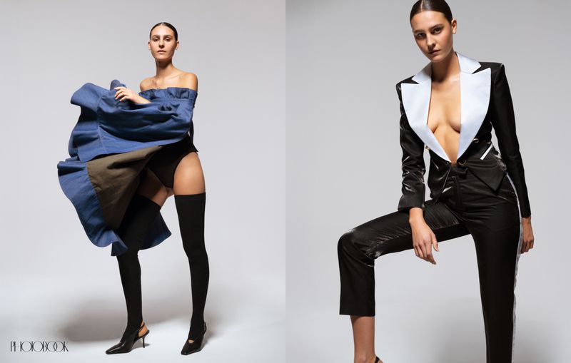 Fashion diptych featuring model Loulou Westlake in a blue ruffled top and a black tailored suit with wide white lapels.