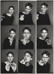 Black and white contact sheet grid of nine portraits featuring a young man smoking a cigarette against a neutral studio backdrop.