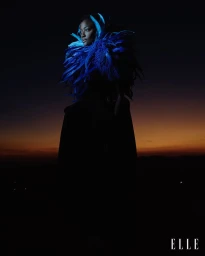 Black woman wearing an elaborate blue feather collar silhouetted against a dark evening sky with an orange sunset glow.