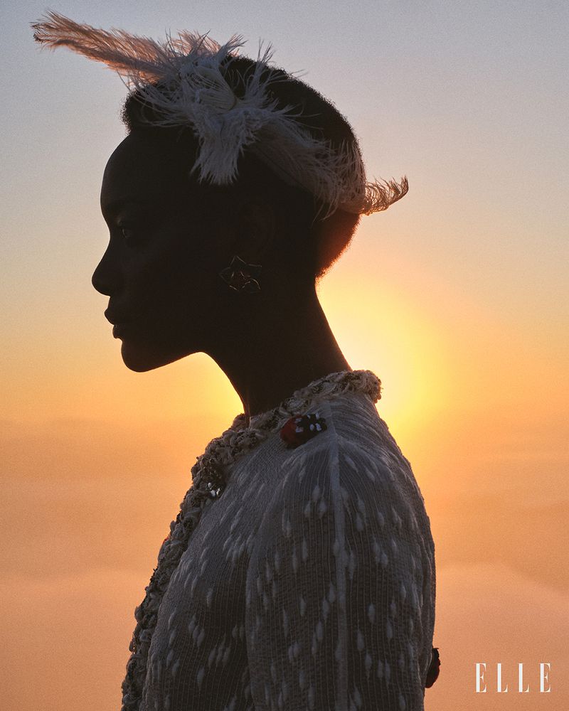 Profile silhouette of a model wearing a white feathered headpiece and textured jacket against a glowing sunrise sky.