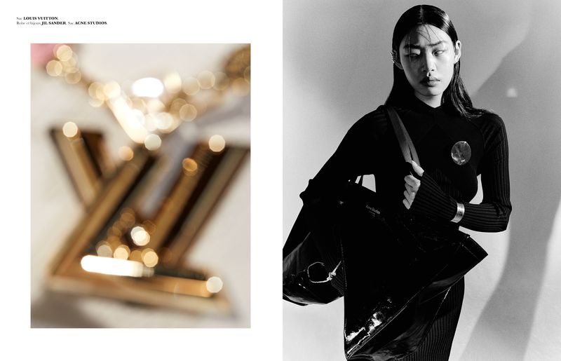 Fashion editorial diptych featuring a blurred golden metallic monogram and an East Asian model in a black ribbed dress with a tote bag.