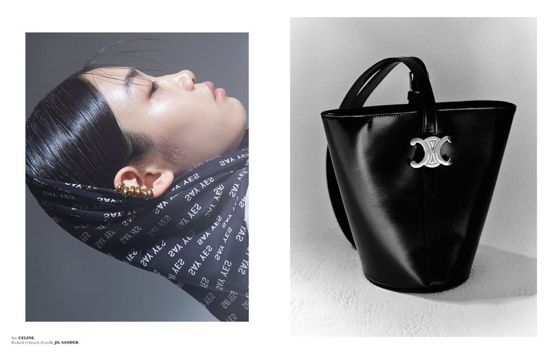 Diptych editorial image featuring a model in profile with slicked hair and a patterned scarf alongside a black bucket handbag.