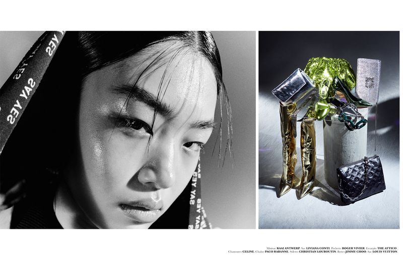 Close-up portrait of an East Asian woman next to a still life of metallic designer boots and luxury handbags.