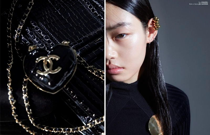 Split frame of a black patent Chanel heart bag and a profile portrait of an East Asian model wearing a gold ear cuff.