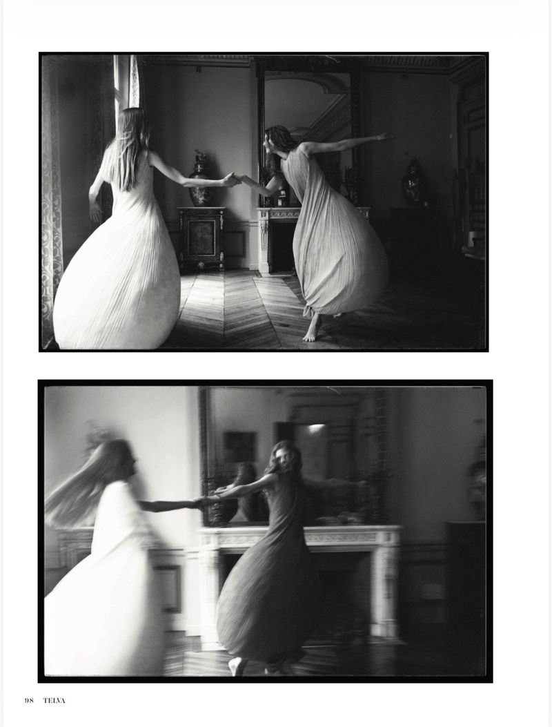Black and white editorial diptych of two models in voluminous dresses dancing together in an ornate room.