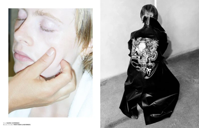 Fashion editorial diptych showing a beauty close-up of a model's face beside a rear view of a black trench coat with skull graphic art.