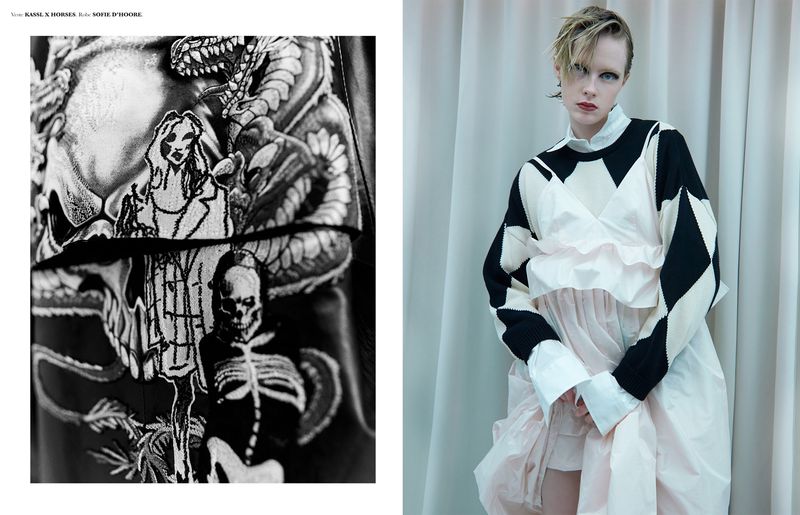 Model Em Verleun in layered monochrome knitwear and ruffled dress next to a close-up graphic embroidery detail.