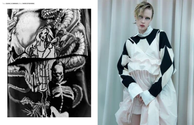 Model Em Verleun in layered monochrome knitwear and ruffled dress next to a close-up graphic embroidery detail.