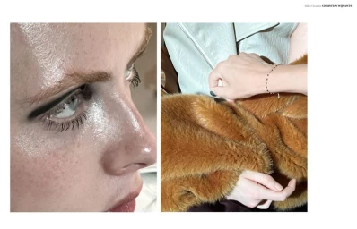 Editorial diptych showing a close-up of glossy eye makeup and hands touching textured brown faux fur and a light blue jacket.
