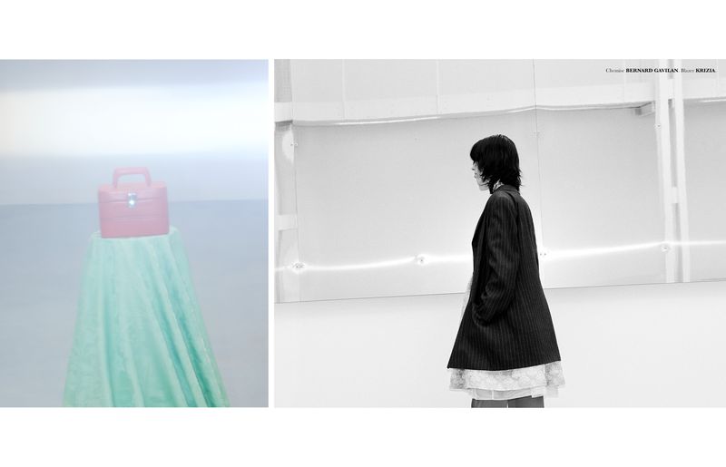 Editorial diptych showing a pink vanity case on a mint draped stand beside a profile of Ilona Desmet in a dark blazer.