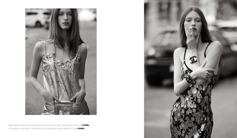 Black and white fashion editorial spread featuring a woman posing outdoors in a metallic slip dress and a sequined dress with Chanel accessories.