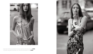 Black and white fashion editorial spread featuring a woman posing outdoors in a metallic slip dress and a sequined dress with Chanel accessories.