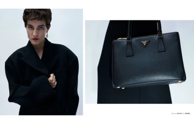 Editorial diptych of a short-haired model in an oversized black coat alongside a close-up of a black leather handbag.
