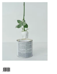 Conceptual still life of a green rose stem dipped in thick white paint hovering above an open paint can on a white background.