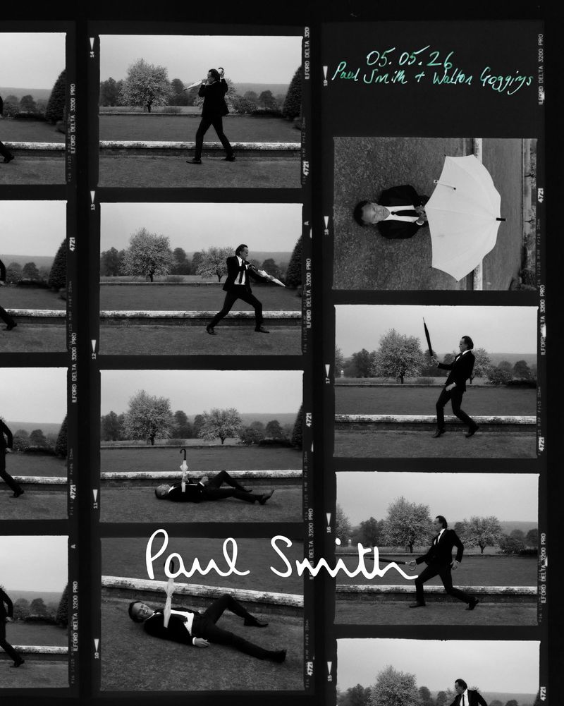 Black and white contact sheet of Walton Goggins posing with an umbrella in a dark suit on an estate lawn for Paul Smith.