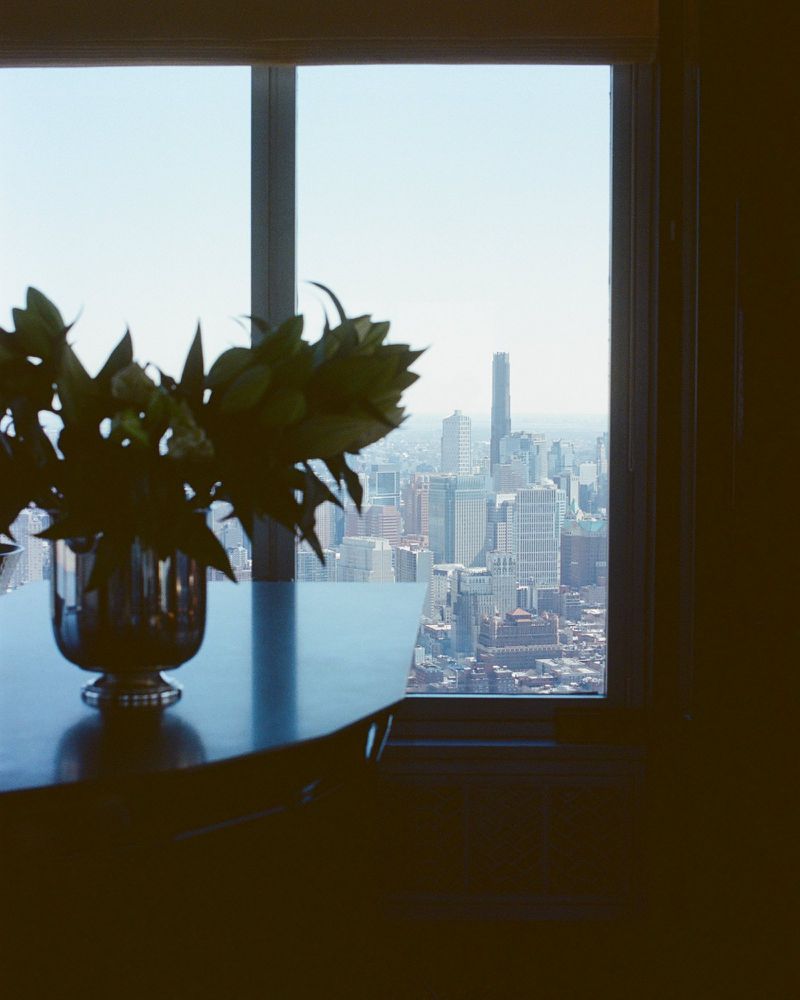 Vase with leafy arrangement on a polished table in front of a high-rise window overlooking a cityscape.