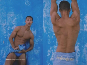 Diptych of a shirtless athletic man posing against a textured blue backdrop wearing denim for Summer Blues by Manny Roman.