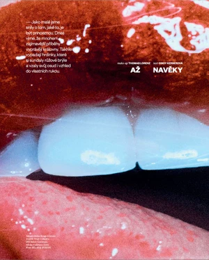 Extreme macro close-up of glossy parted lips with red lipstick showing teeth in an editorial magazine layout.