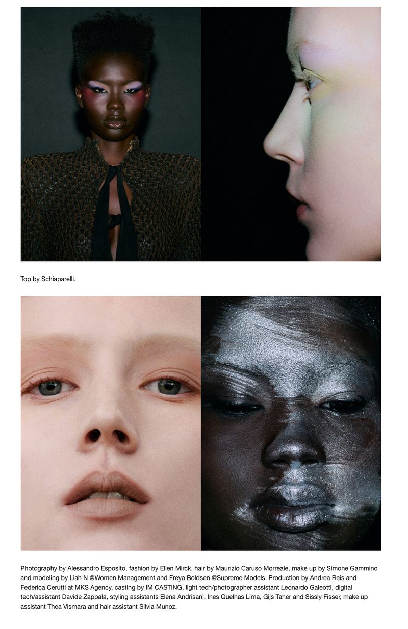 Four-panel editorial layout showcasing close-up portraits and avant-garde makeup styling for Contributor Magazine