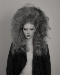 Model with dramatic voluminous bouffant hairstyle wearing an open pinstripe blazer against a grey backdrop.