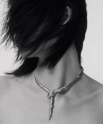 Black and white studio portrait of a woman wearing a silver serpent necklace with dark hair falling over her face.