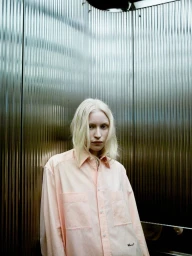 Model with platinum blonde hair wearing an oversized pale peach button-up shirt in front of fluted glass panels.