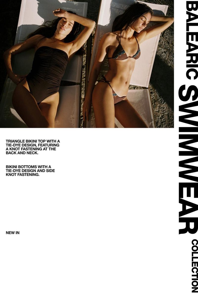 Two models wearing a black one-piece swimsuit and a bikini lie on sun loungers on a white fashion layout with bold typography.