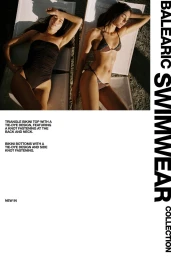 Two models wearing a black one-piece swimsuit and a bikini lie on sun loungers on a white fashion layout with bold typography.