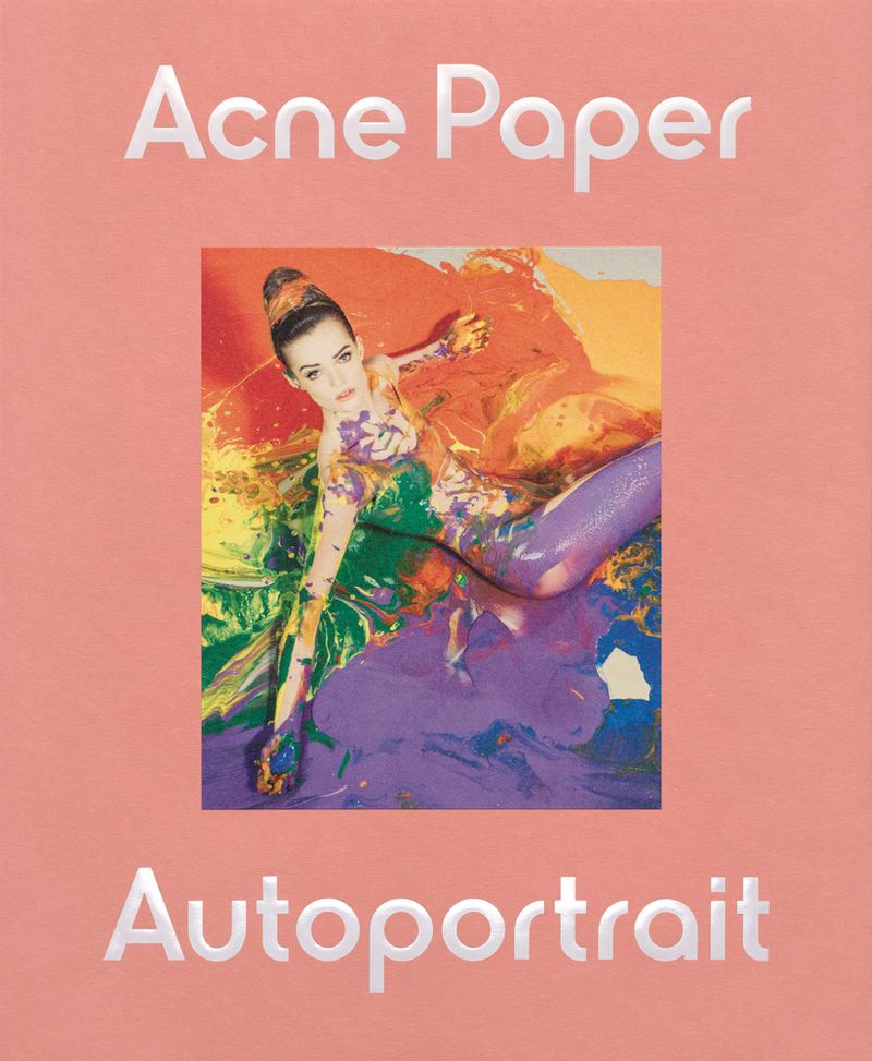Acne Paper Autoportrait magazine cover featuring model Lulu Tenney reclining covered in vibrant, swirled body paint.