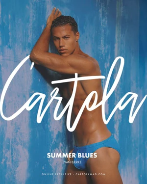 Shirtless male model wearing bright blue swim briefs leaning against a distressed blue textured wall for Cartola magazine.